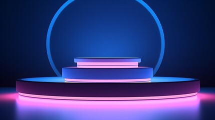 Wall Mural - Abstract background featuring podiums illuminated by neon lights, ideal for showcasing products with stylish geometric shapes.