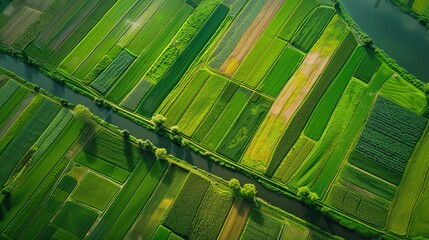 view from above of river green rural farmland