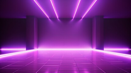 Canvas Print - Abstract purple background with neon glow in an empty room with spotlights and lights.