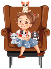 Poster - Happy young girl sitting with three adorable kittens.