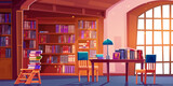 Fototapeta Dinusie - Public library with many books on shelves in case, in stack on wooden table with chair and lamp. Cartoon vector public bookstore with literature for school study or reading concept.
