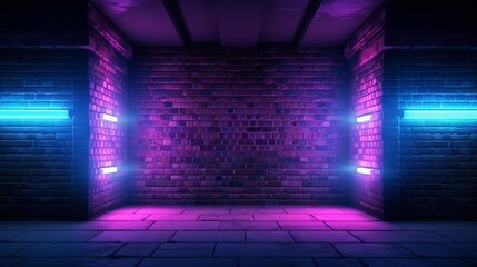 Wall Mural - An empty corridor with brick walls and neon light in the background sets a captivating scene.