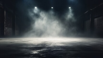 Poster - An empty dark room with concrete floor, asphalt, neon light, smoke, and spotlight creates a compelling backdrop.