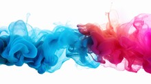 Capturing The Dynamic Motion Of Colors Dropped Into Liquid, Swirling And Forming A Silky Cloud Of Ink Isolated Against A White Background.