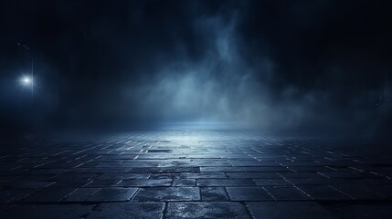 Poster - Texture of a dark concrete floor with fog or mist, set against a dark street backdrop with neon lights.