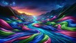 A surreal landscape scene where the rivers and paths are replaced with flowing, intertwined ropes of varying fluorescent colors, under a twilight sky.