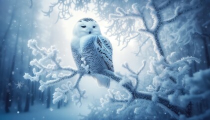 Wall Mural - A snowy owl perched silently on a frosty branch, blending seamlessly into the snowy winter background.