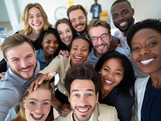 Wall Mural - Multicultural happy people taking group selfie portrait in the office, diverse people celebrating together, Happy lifestyle, start-up and teamwork concept