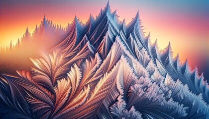 Close-up of intricate frost patterns on a window, mimicking the shape of a majestic mountain range.