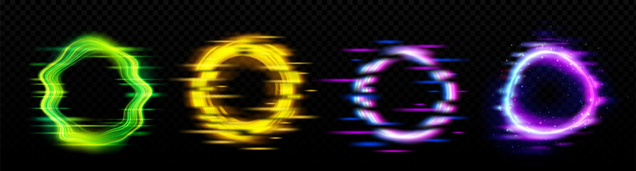 Wall Mural - neon glowing circle frame with glitch effect on black background. realistic vector illustration set 