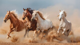Fototapeta  - Horses with Long Mane Portrait Run Gallop in Desert, Generative Ai