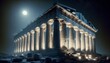 A detailed and noise-free artistic rendering of the Parthenon bathed in moonlight, offering a close or medium shot perspective.