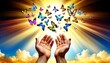 A pair of open hands releasing a multitude of butterflies, symbolizing new life and the rebirth of the soul in Christ.