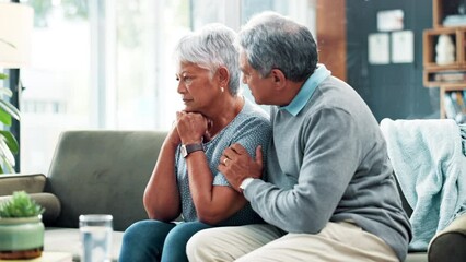 Poster - Elderly, couple and sad support in home for grief thinking with memories with compassion, mental health or depression. Man, woman and comfort on apartment sofa for marriage love, care or commitment