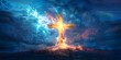 Divine portrayal: Holographic cross of Jesus painting with glowing light and special effects. Concept Religious Art, Spiritual Imagery, Christian Symbolism, Holographic Technology, Special Lighting