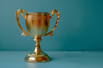 Gold trophy cup on blue background 