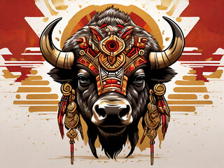 Wall Mural - Illustration of the fierce bull face of an indigenous tribe,indigenous people, tribe,