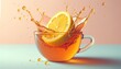 A whimsical animated art style image of a close-up shot of a slice of lemon being squeezed into tea.
