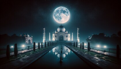 Wall Mural - A night-time scene of the Taj Mahal under a full moon, casting a serene glow over the white marble monument with stars twinkling in the clear sky.