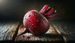 A highly detailed, close-up image of a single beetroot with drops of water on its fresh, juicy surface, capturing the natural texture and vibrant colo.