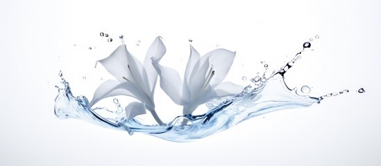 Wall Mural - A white flower blooms on a slope, its petals glistening in a splash of electric blue water. The plant is a stunning work of art, resembling a delicate drawing in nature