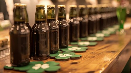 Wall Mural - Bottles of Guinness a popular Irish stout lined up on a table adorned with shamrock coasters ready to be enjoyed during St. Patricks Day gatherings.