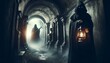 A cloaked figure holding a lantern, revealing just a glimpse of their grim face, stands at the entrance of a shadowy, foreboding crypt.