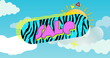 Image of sale text in pink on zebra print banner and abstract shapes, white clouds and blue sky