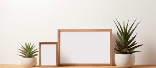 Wall Mural - Three rectangular picture frames and two houseplants in flowerpots displayed on a hardwood table