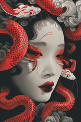 Wall Mural - Queen snake charmer. Asian woman with snakes