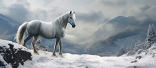 A Stunning White Horse With A Flowing Mane Stands Gracefully In The Snowy Mountains, Surrounded By The Natural Landscape And Fluffy Clouds