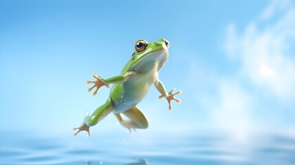 Green frog on light blue background, leap day concept