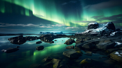 Wall Mural - Rocky Coast with Reflection of Polar Lights on the Water
