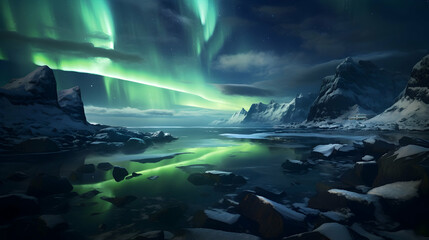 Wall Mural - Rocky Coast with Reflection of Polar Lights on the Water