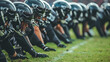 American Football Players Crouching in Formation on Stadium Field, Team Strategy and Game Preparation Concept, Generative AI

