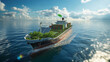 A container cargo ship sails across the calm seas, powered by green technology and solar energy.