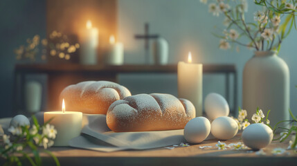 Wall Mural - A table is festively set with typical Easter decorations and fresh flowers, spreading a happy atmosphere.