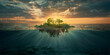 the green tree reflects its natural beauty in the tranquil, A tree in the water with the sun behind it, 
