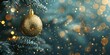 Close-up of a glittering gold bauble hanging on a blue-toned Christmas tree with bokeh lights.