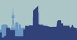 A simplified city skyline is depicted in cool blue tones