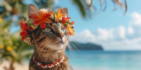 Wall Mural - Stylish cat with hawaiian costume on tropical sea and beach blurred background. Summer fashionable trend style