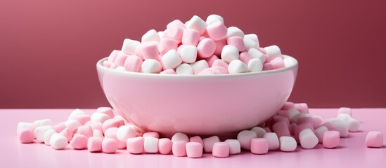 Wall Mural - A dish of sugary sweetness, with marshmallows in shades of pink and white resembling petals of a violet plant, resting on a pink table