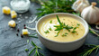 Basic French Sauce Bearnaise in a White Bowl with Fresh Herbs Garnish, Traditional Culinary Ingredient for Gourmet Cooking, Generative AI

