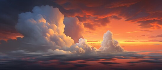 Canvas Print - A stunning natural landscape painting depicting a sunset with vibrant red and orange hues, scattered cumulus clouds in the sky, and a peaceful afterglow as dusk approaches