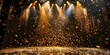 Vibrant golden confetti falls onto a stage under a bright spotlight. Concept Celebration, Gold Confetti, Stage, Spotlight, Vibrant Colors