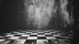 Fototapeta  - Black and White Checker Floor in Grunge Room - Vintage Interior Design with Classic Pattern, Retro Aesthetic for Background or Texture, Generative AI


