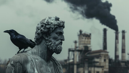 Wall Mural - Sculpture of a Greek philosopher against the backdrop of factories with black smoke, pollution and ecology.