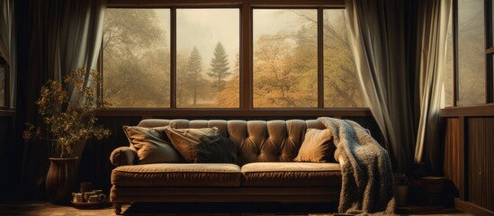 An interior design studio with a hardwood couch by a large window overlooking trees. The tints and shades create a cozy atmosphere in the building