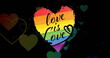 Image of love is love text and rainbow hearts