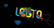 Image of lgbtq text and rainbow hearts on black background